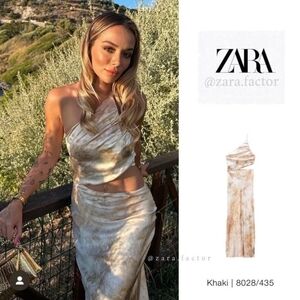 NWT_ZARA CUT OUT SATIN EFFECT PRINTED DRESS FW23 KHAKI | 8028/435